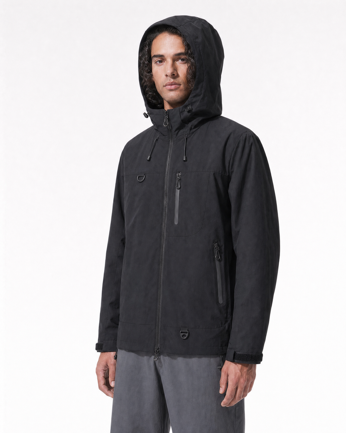 Pact Unisex Water-Repellent Hooded Windbreaker in Black, hood up three-quarter # Colour_Black