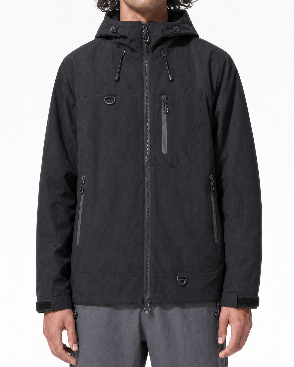 Pact Unisex Water-Repellent Hooded Windbreaker in Black, chest detail # Colour_Black