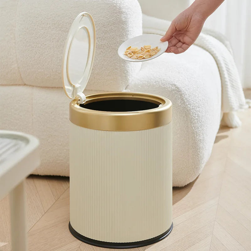 1 Fashionable Circular Top Garbage Bin with Gold Edge - Durable, Stylish Storage Essential Household Garbage Basket | b325daef-00a7-4a51-b8e8-cbec2a57a9d3,fbb911ce-d442-42b4-b751-165f83d3fd67,2149a3f8-86be-40c2-8ea0-9257bbca3de7