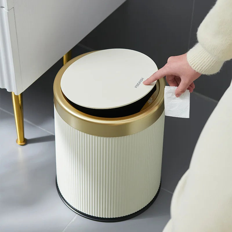 1 Fashionable Circular Top Garbage Bin with Gold Edge - Durable, Stylish Storage Essential Household Garbage Basket | b325daef-00a7-4a51-b8e8-cbec2a57a9d3,fbb911ce-d442-42b4-b751-165f83d3fd67,2149a3f8-86be-40c2-8ea0-9257bbca3de7