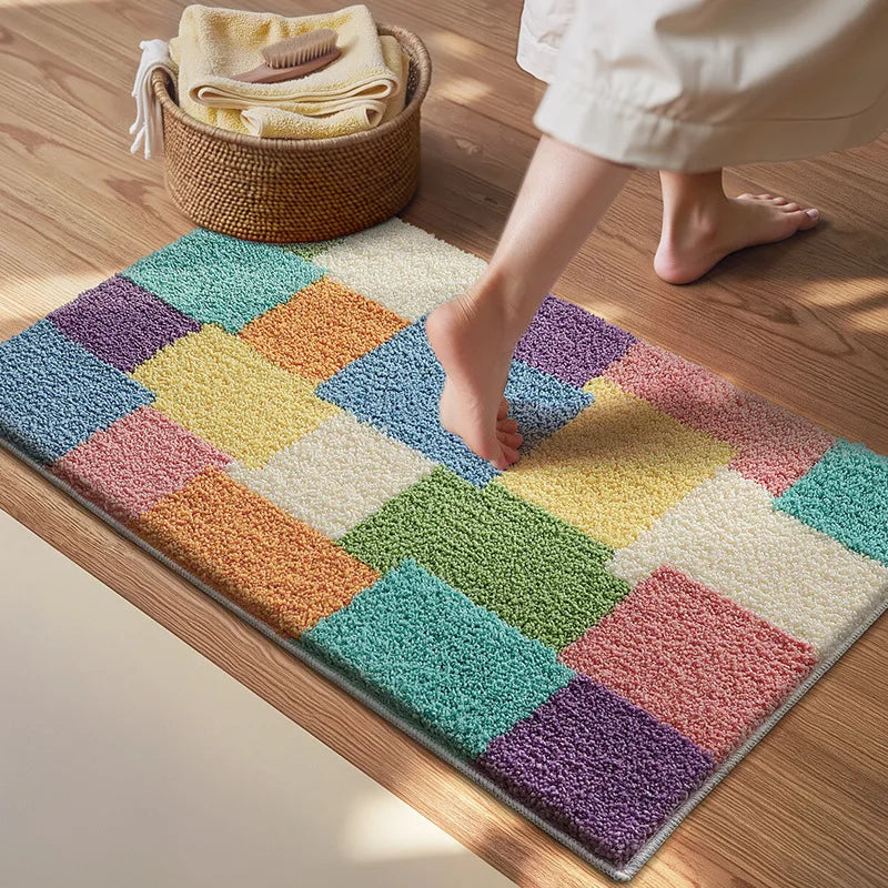 Simple Colorful Grid Bathroom Mat, Thick Flocked Bath Mat, Absorbent Anti-Bacterial Anti-Slip, Korean Dopamine Style Soft Decor