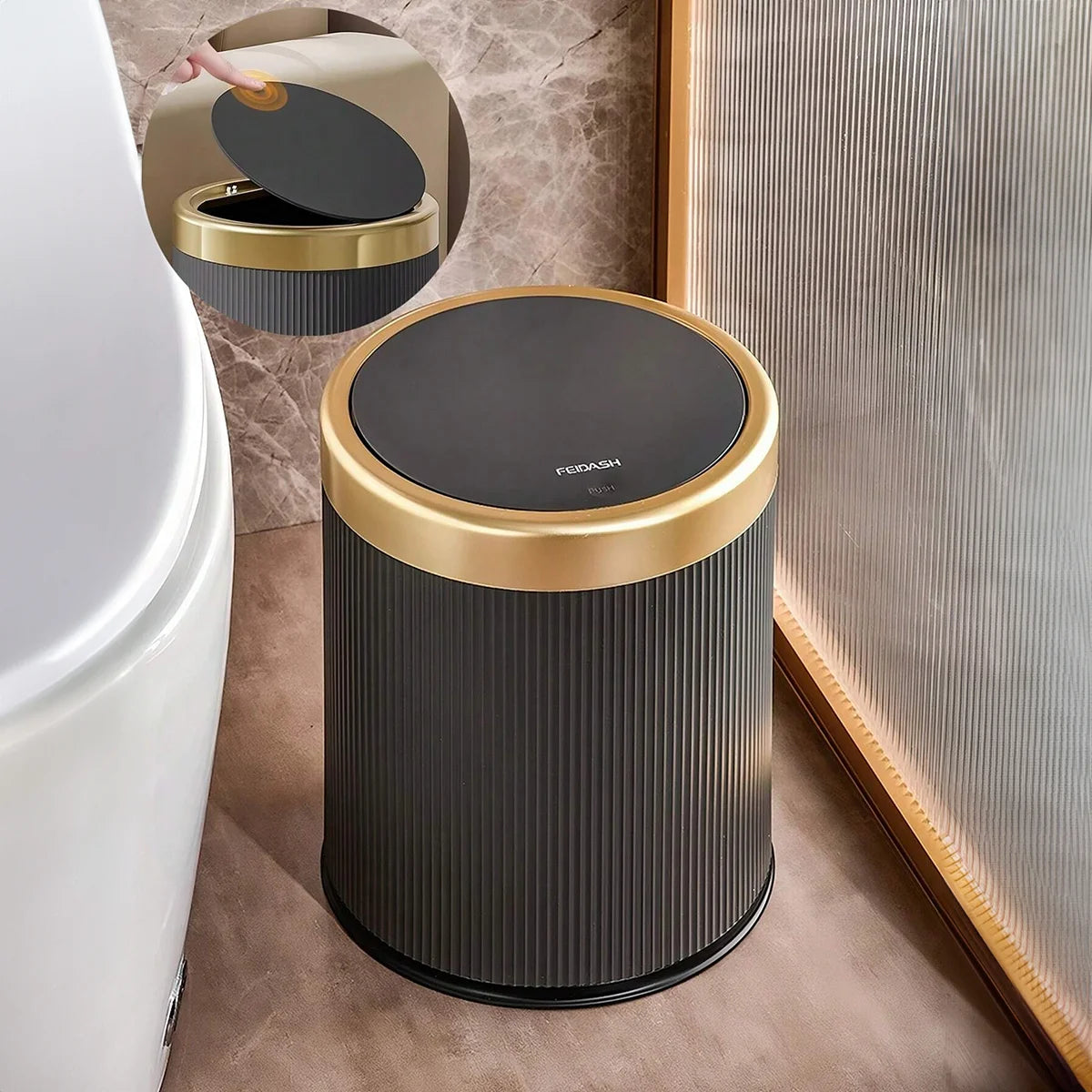 1 Fashionable Circular Top Garbage Bin with Gold Edge - Durable, Stylish Storage Essential Household Garbage Basket | b325daef-00a7-4a51-b8e8-cbec2a57a9d3,fbb911ce-d442-42b4-b751-165f83d3fd67,2149a3f8-86be-40c2-8ea0-9257bbca3de7