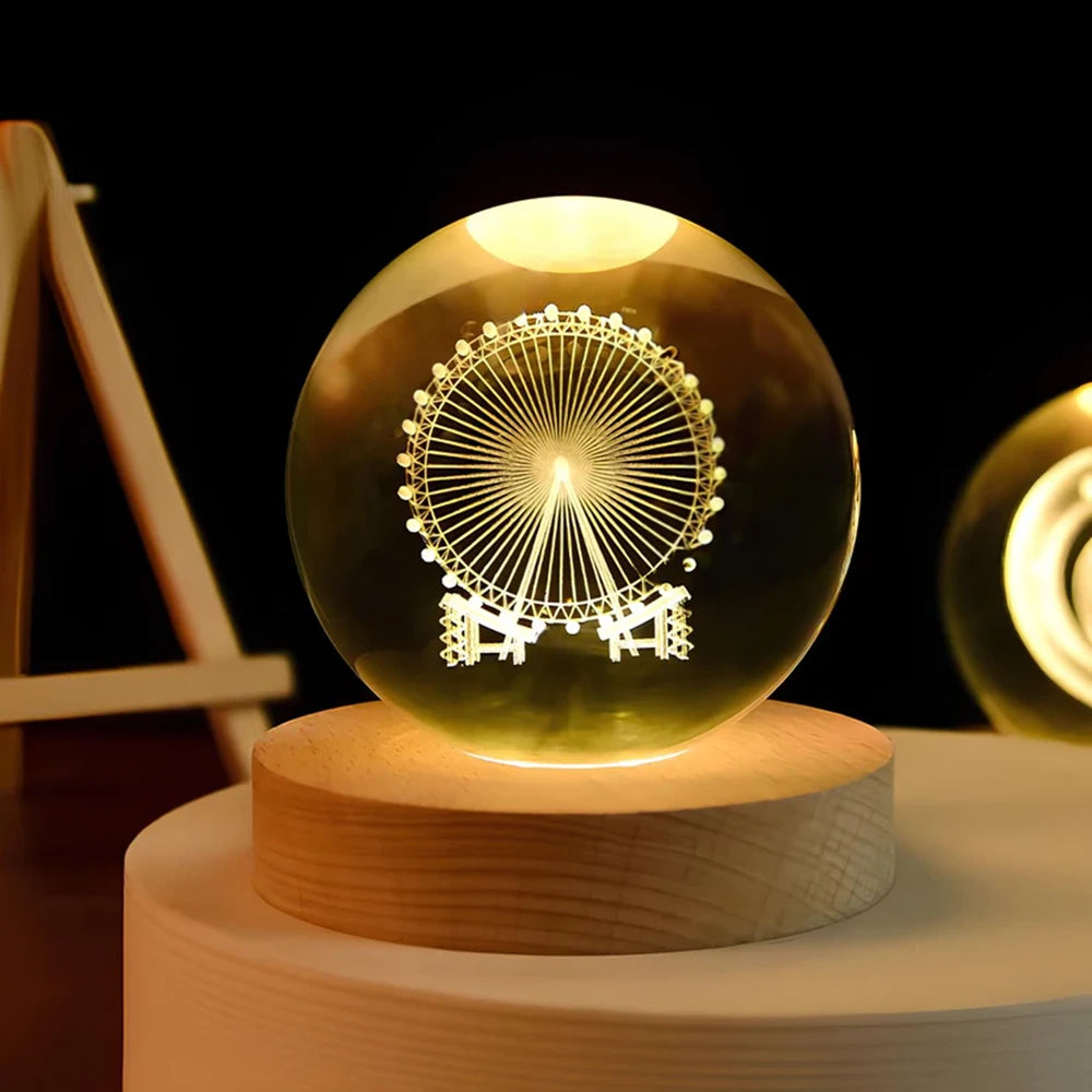 Celestial Charm | LED Night Light Crystal Ball with 3D Engraving | Magical Home Decor for Stargazing Enthusiasts 15 | Milky Way,Solar System,Moon,Astronaut,Saturn,Astral Voyage,Ladder to Heaven,Earth,Space Wanderer,Man in the Moon,Heart,Dandelion,Unicorn,Umbrella,Lucky Charm,Rain Cloud,Teddy Bear,Whale,Unwinding,Love Note,Ferris Wheel,Reindeer,Christmas Tree,Santa Claus,Snowmen