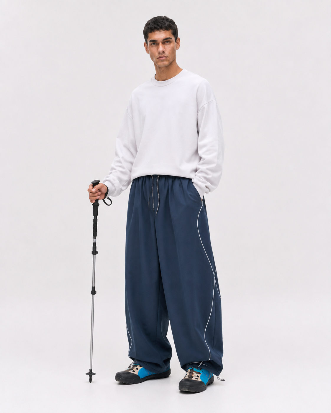 Pact Quick-Dry Wide-Leg Trousers in Navy Blue, styled # Colour_Navy Blue