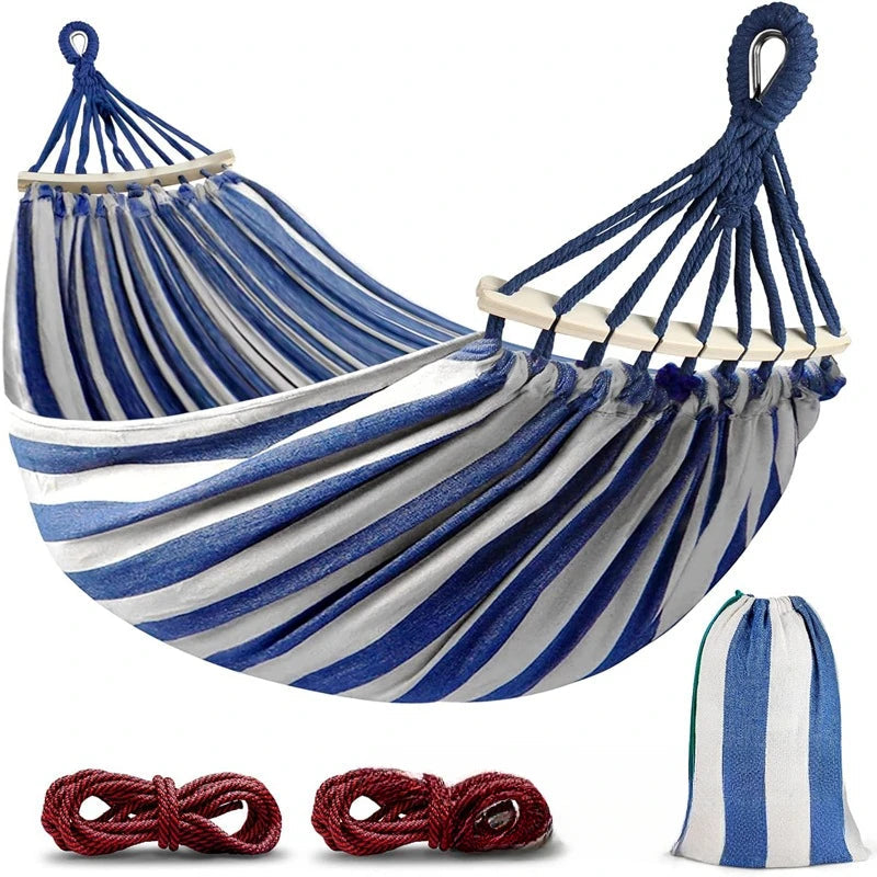Outdoor Canvas Double Hammock with Anti-Roll Design & Wooden Spreaders for Comfortable Relaxation 0