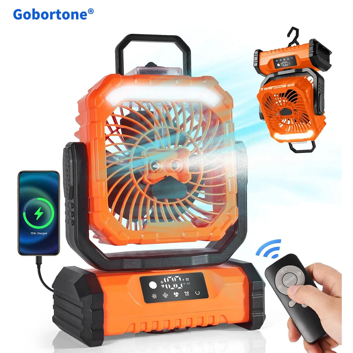 Portable Misting Camping Fan – Rechargeable 20000mAh Power Bank with LED Light & Remote