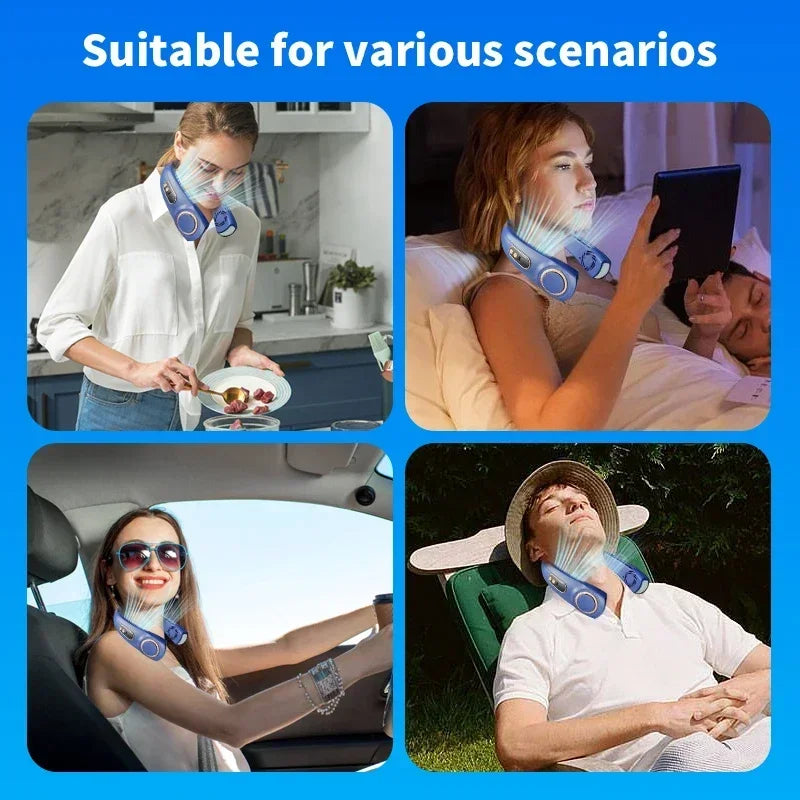 Bladeless Neck Fan – Hands-Free Cooling with LED & Cold Plates, Rechargeable