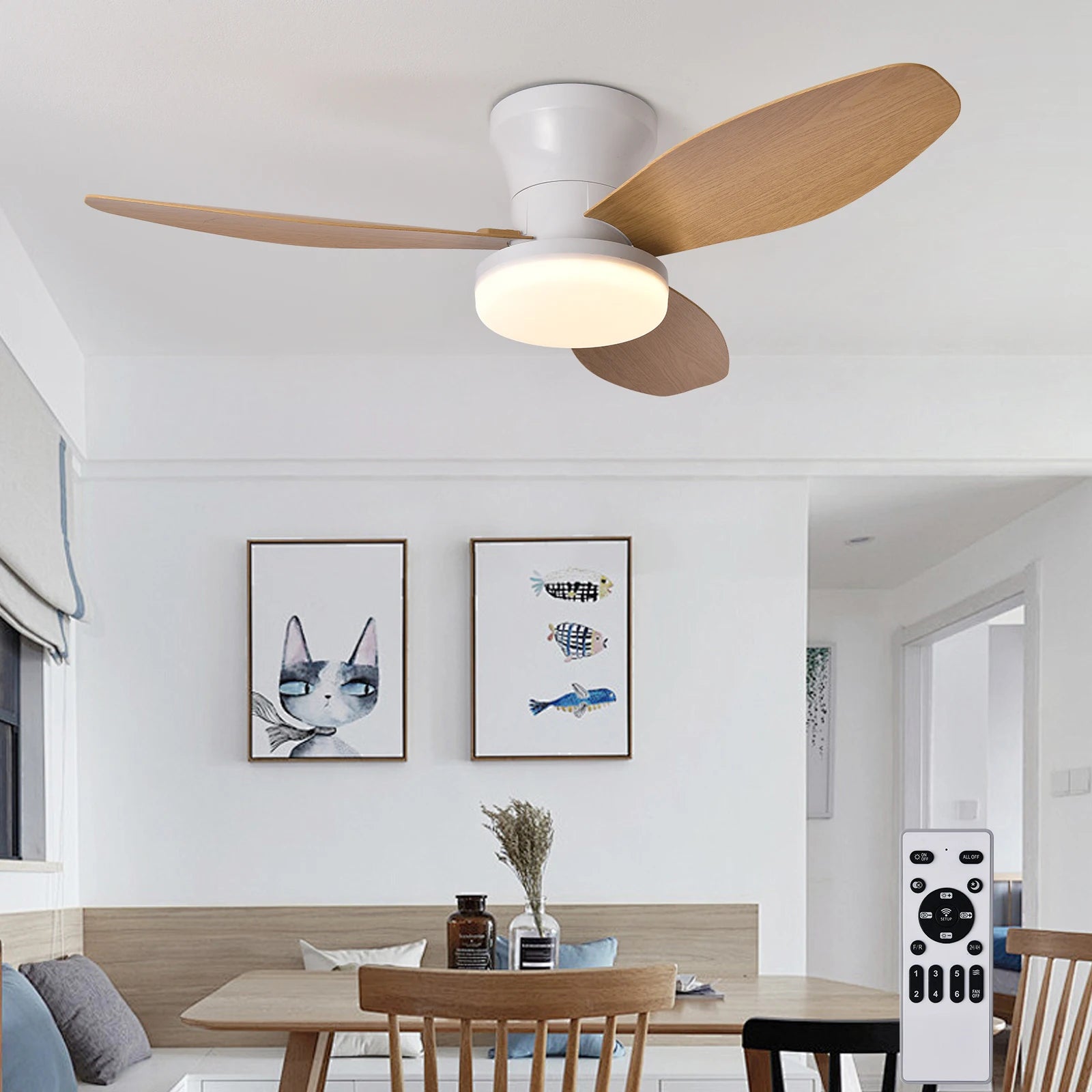 Smart Ceiling Fan with LED Light – Silent, Remote & App Control, Wood-Look Blades