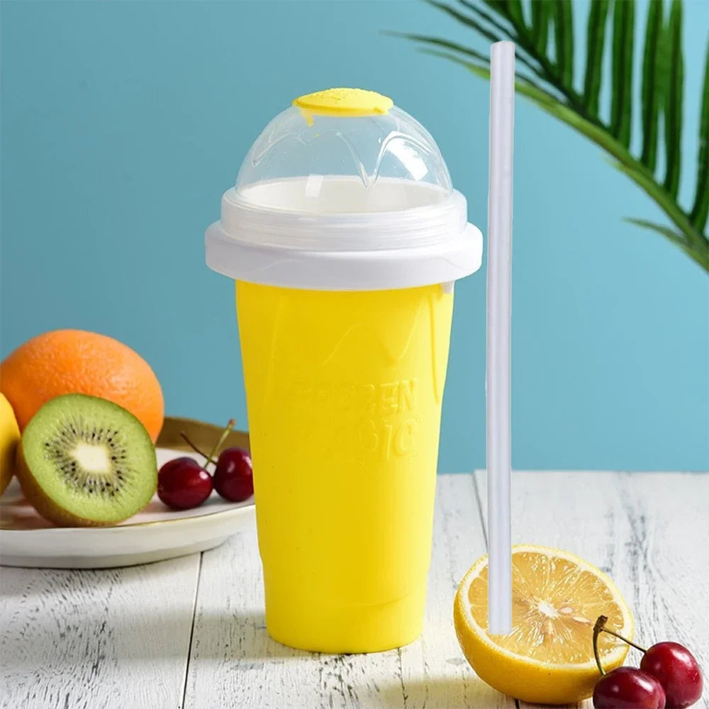 Frozen Smoothie Cup – Squeeze-to-Freeze Slushie Maker with Straw & Spoon