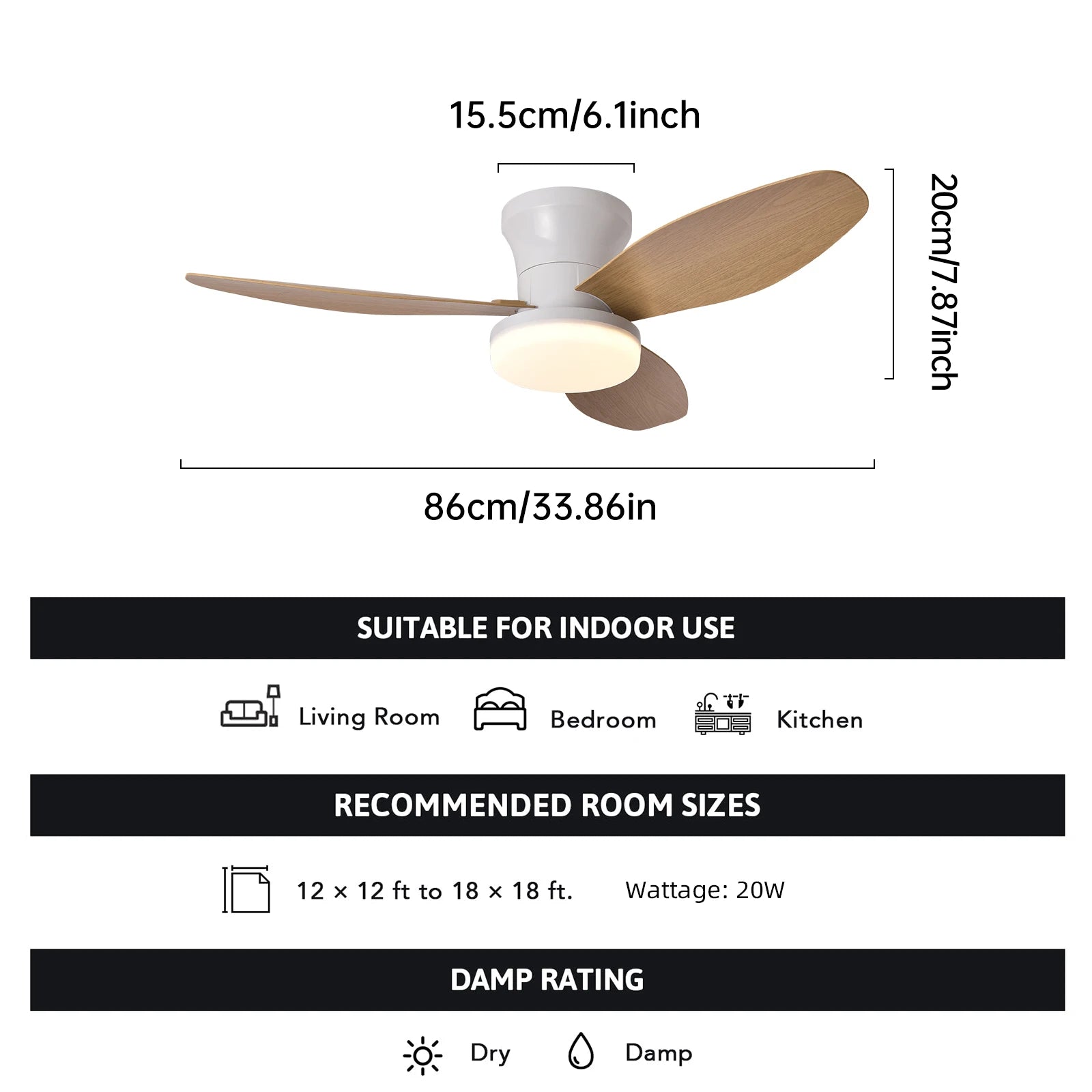 Smart Ceiling Fan with LED Light – Silent, Remote & App Control, Wood-Look Blades
