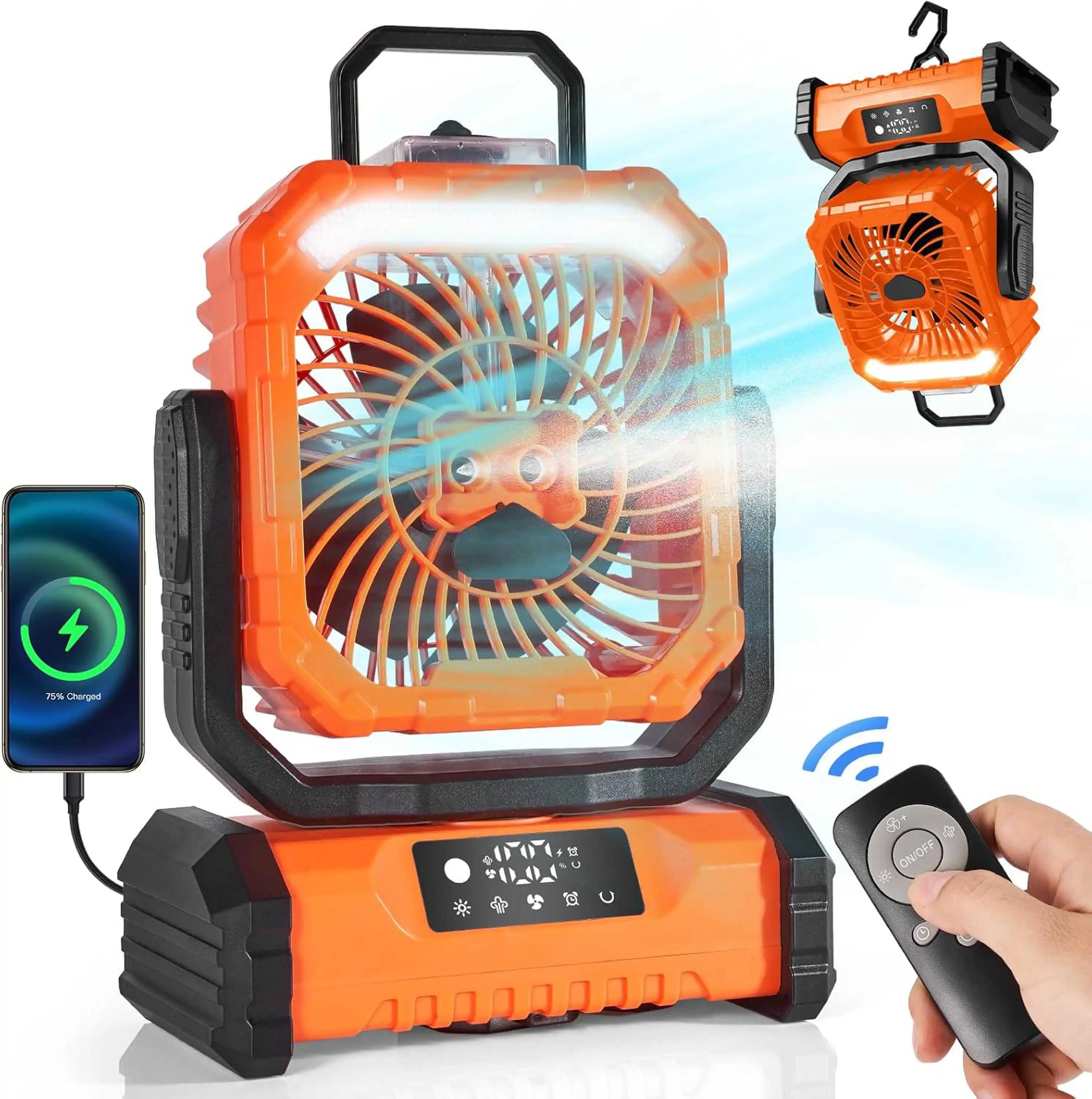 Portable Misting Camping Fan – Rechargeable 20000mAh Power Bank with LED Light & Remote