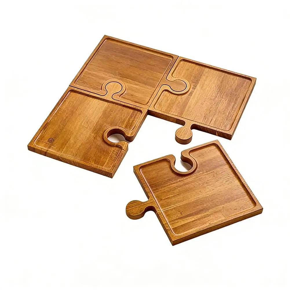 Puzzle Charcuterie Board Set – 4-Piece Wooden Serving Trays with Wine Slot & Stand