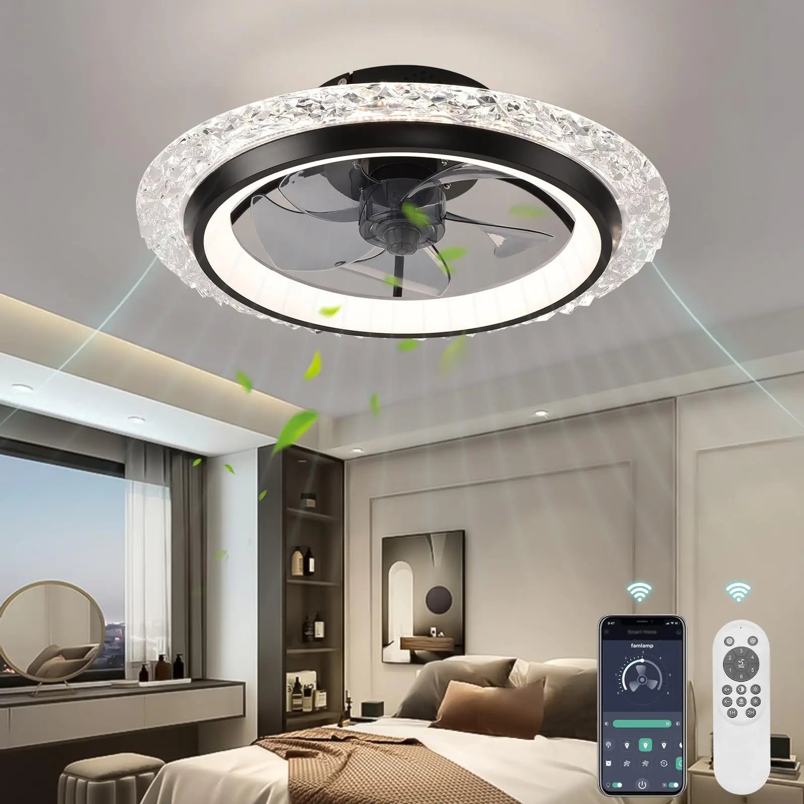 Modern Ceiling Fan with Light – Dimmable LED, Remote, Variable-Speed & Quiet