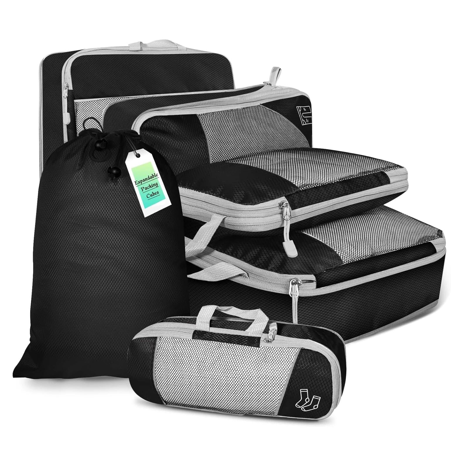 6-Piece Compressed Packing Cubes – Mesh Travel Luggage Organiser Set with Shoe Bag