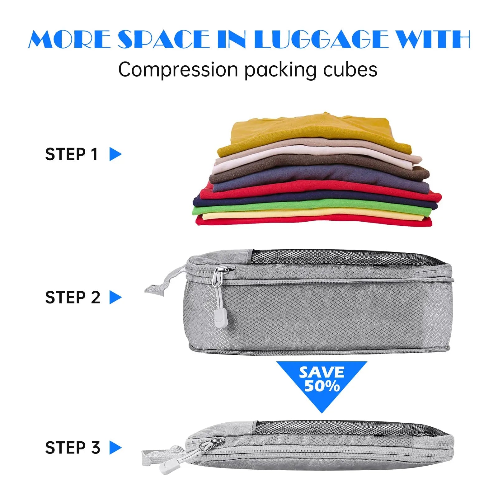 Compressed Packing Cubes Set – 3 or 6-Piece Travel Luggage Organisers