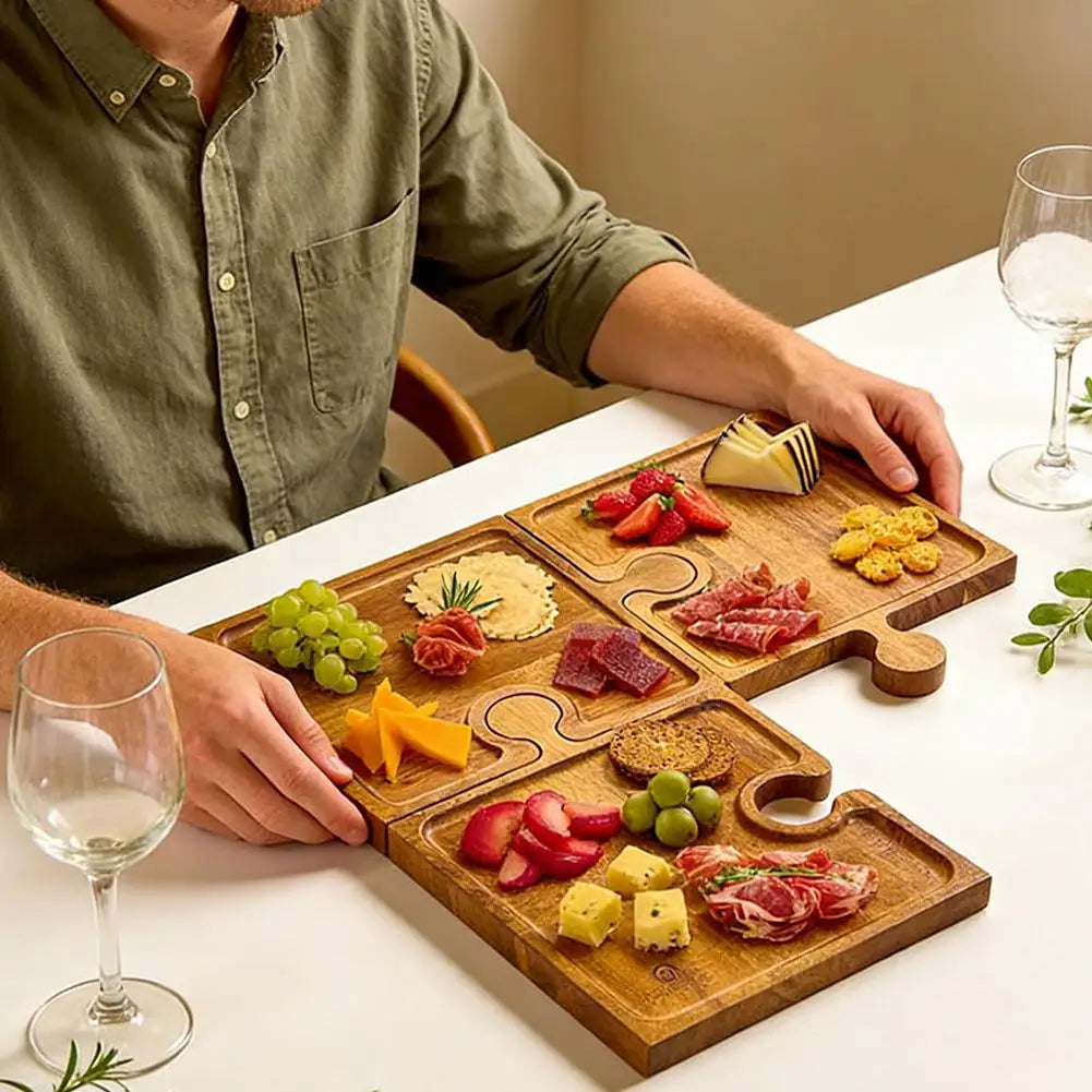 Puzzle Charcuterie Board Set – 4-Piece Wooden Serving Trays with Wine Slot & Stand