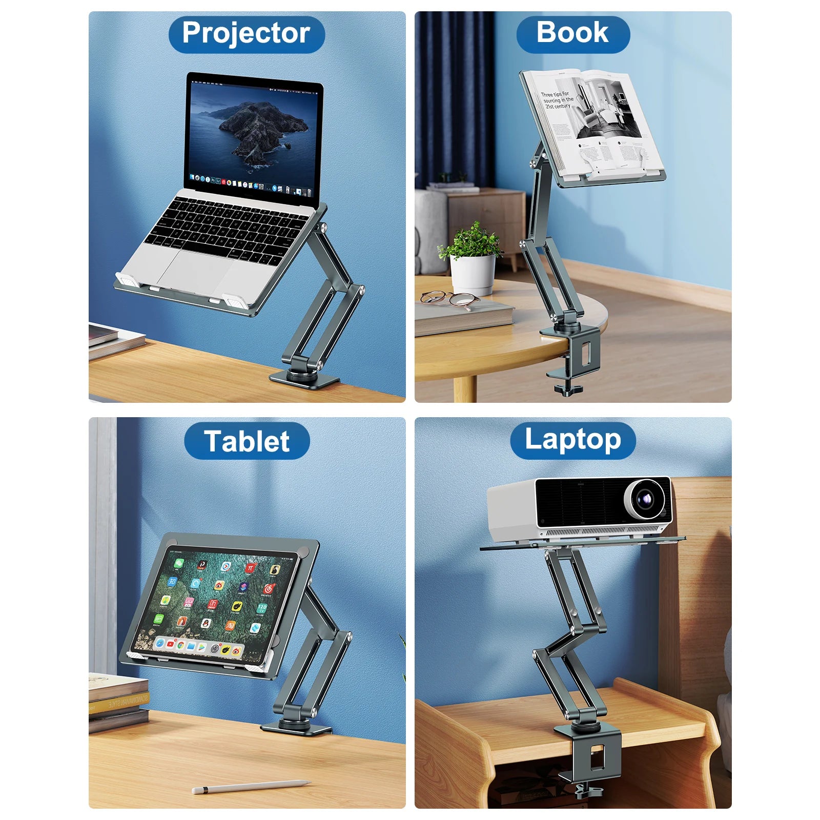 Adjustable Laptop & Tablet Clamp Stand – 360° Rotating Aluminium Desk Holder