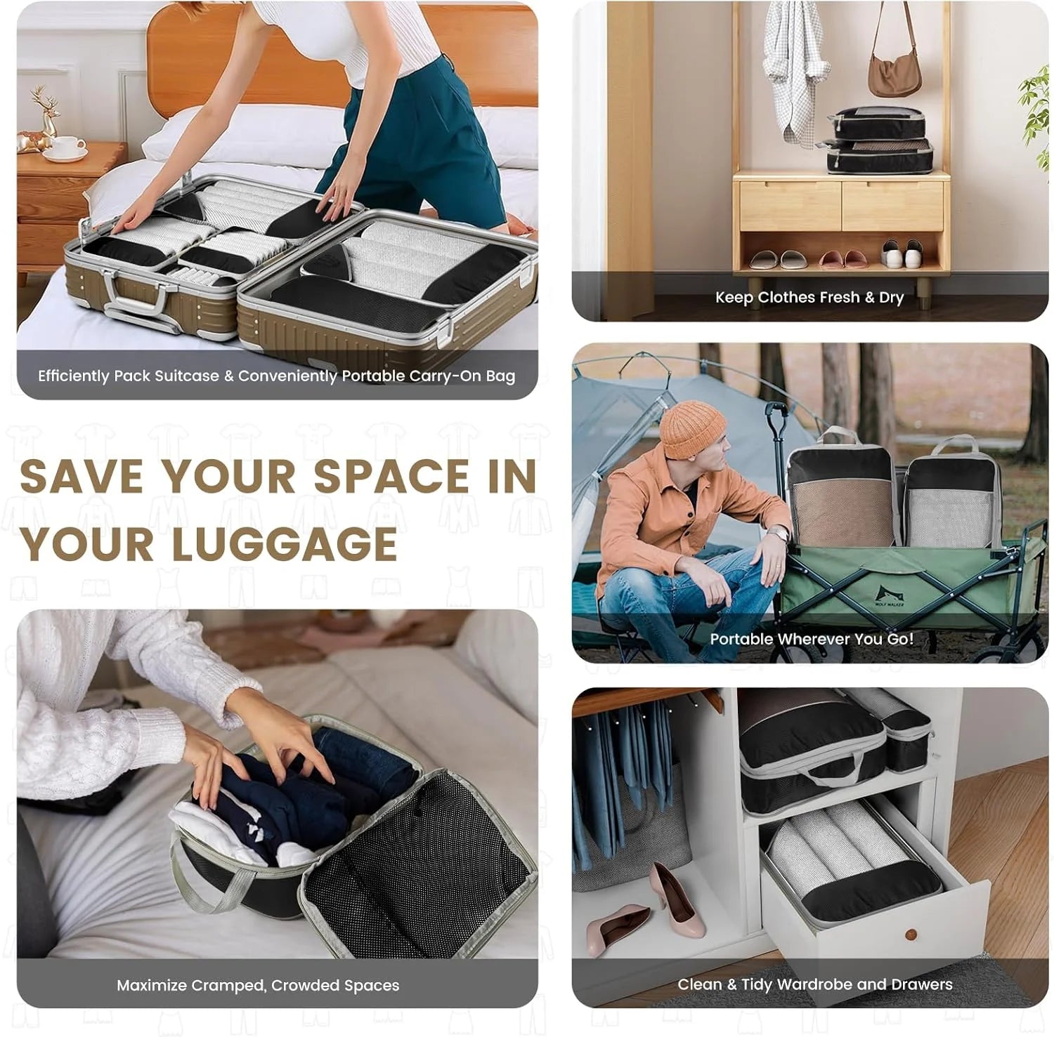 6-Piece Compressed Packing Cubes – Mesh Travel Luggage Organiser Set with Shoe Bag