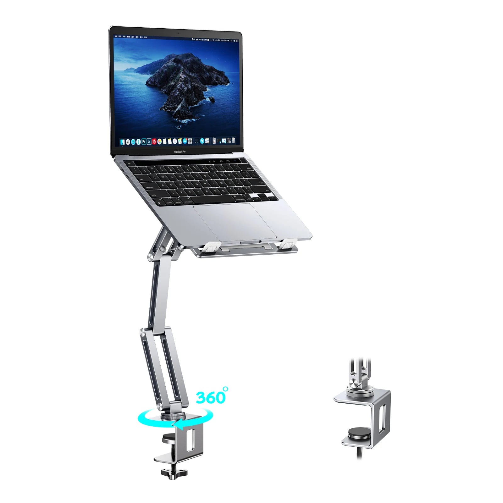 Adjustable Laptop & Tablet Clamp Stand – 360° Rotating Aluminium Desk Holder