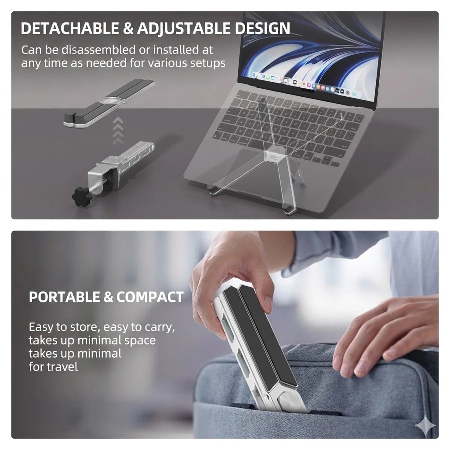 2-in-1 Detachable Laptop Stand – 360° Rotating Aluminium Riser with Foldable Base