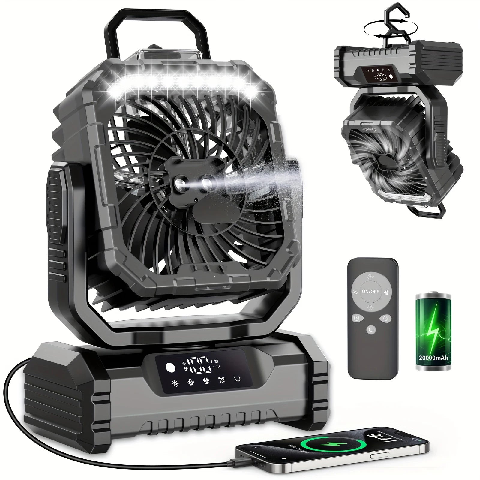 Portable Misting Camping Fan – Rechargeable 20000mAh Power Bank with LED Light & Remote