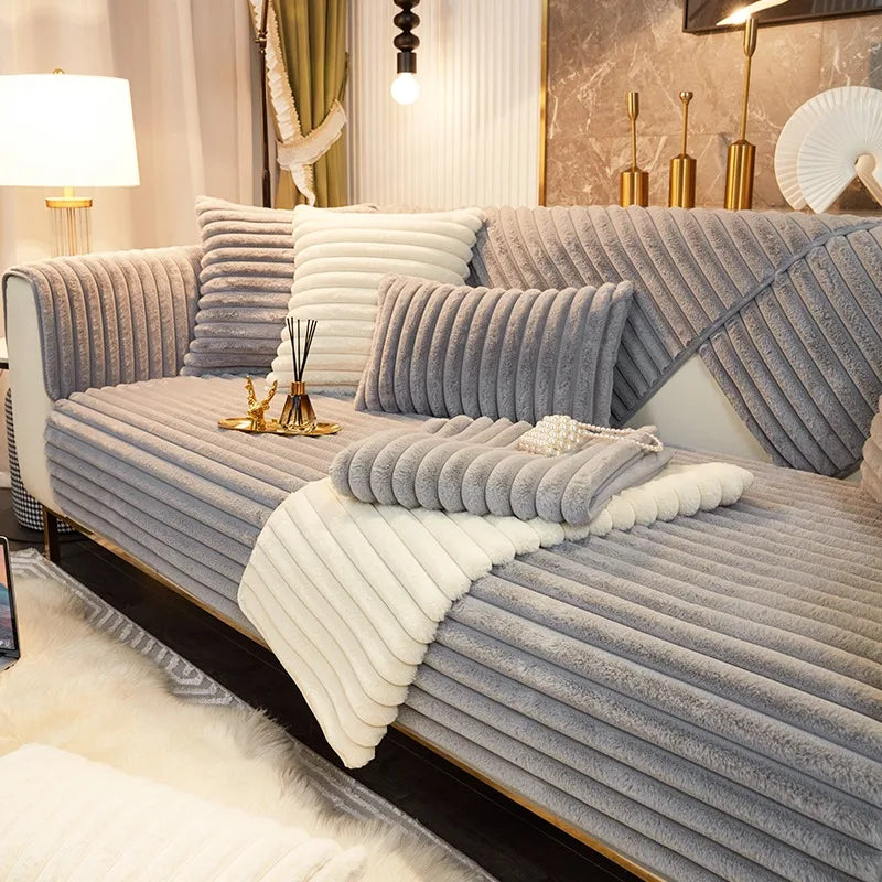 Plush Faux-Fur Striped Sofa Cover