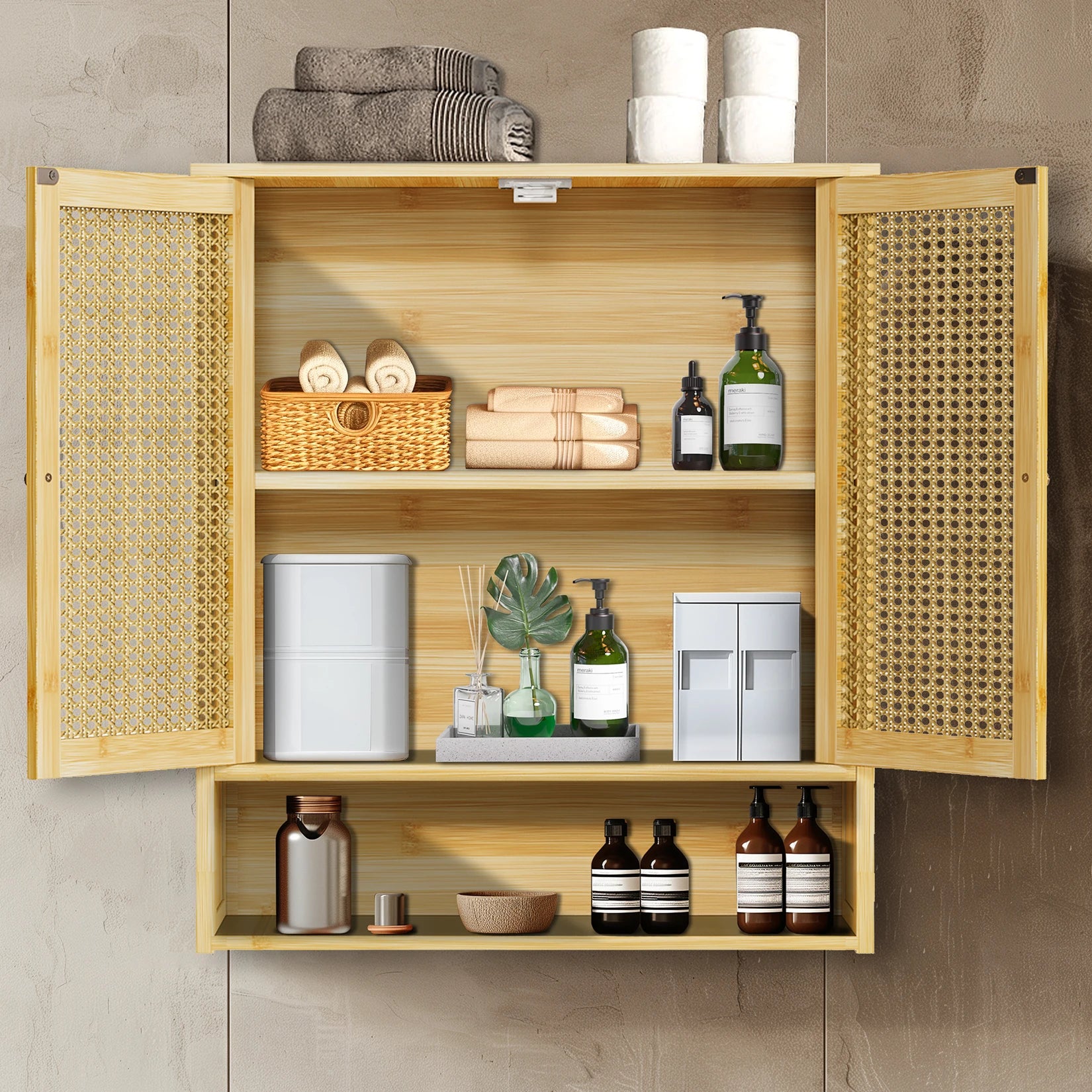 Wall-Mounted Bamboo Bathroom Cabinet – Storage Cupboard with Doors