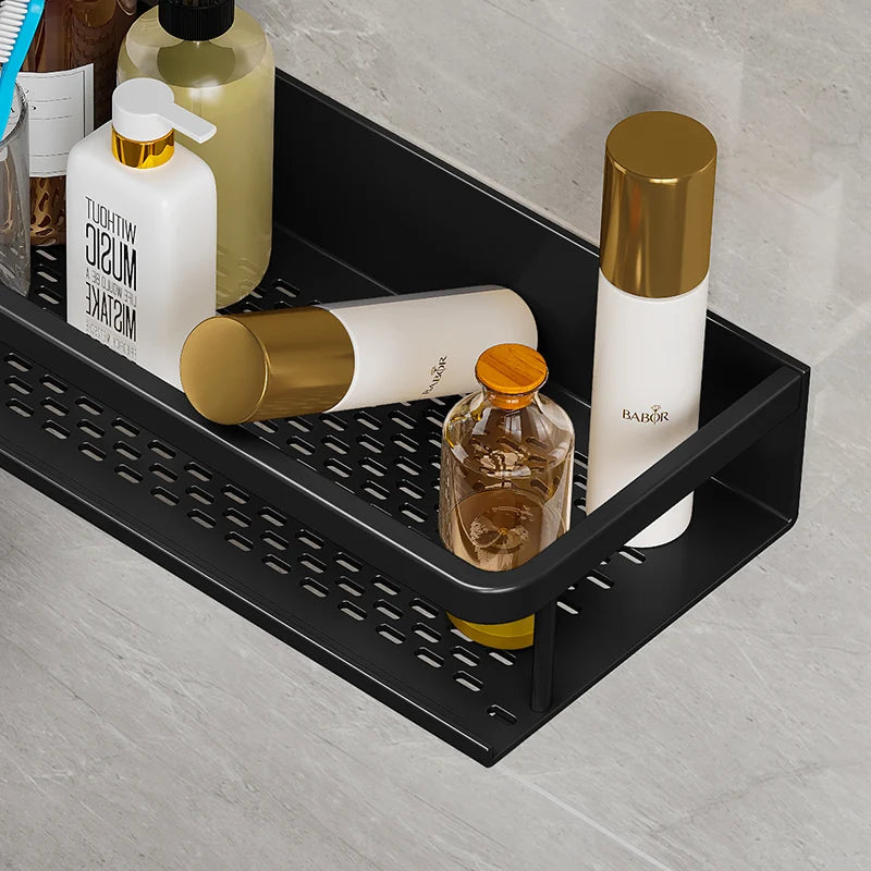 SleekMount – Black Aluminium Corner Shower Shelf with Drainage
