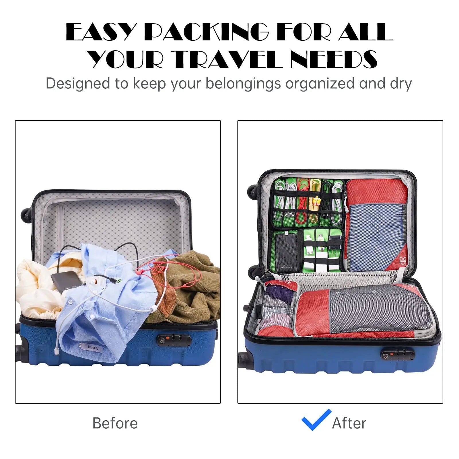 Compressed Packing Cubes Set – 3 or 6-Piece Travel Luggage Organisers