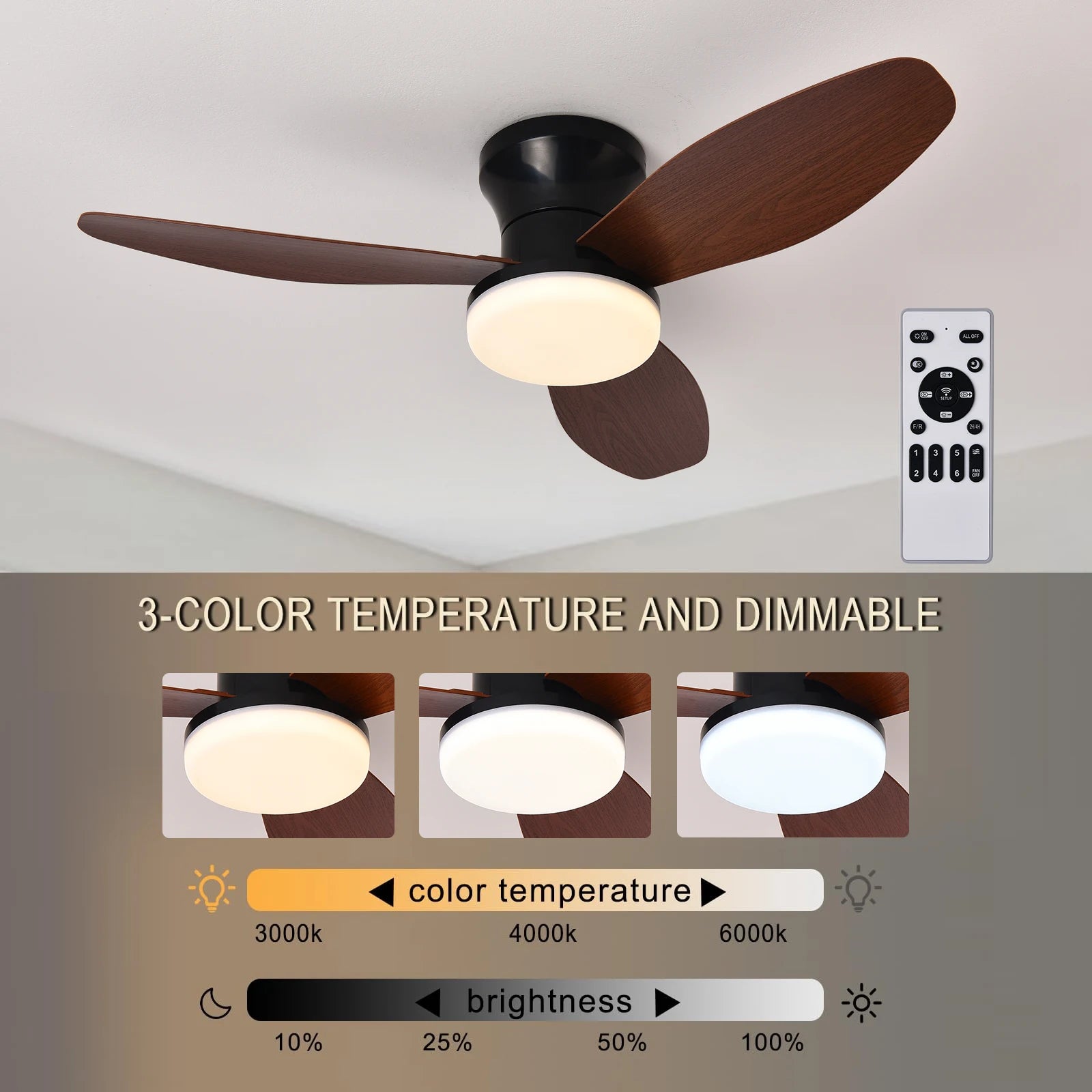 Smart Ceiling Fan with LED Light – Silent, Remote & App Control, Wood-Look Blades