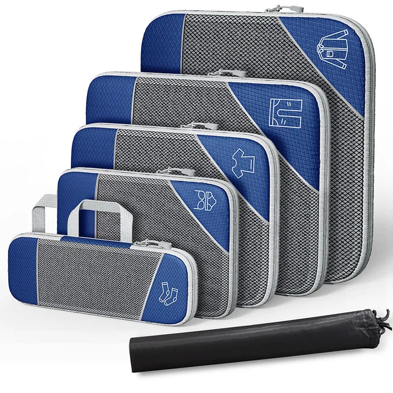 6-Piece Compressed Packing Cubes – Mesh Travel Luggage Organiser Set with Shoe Bag