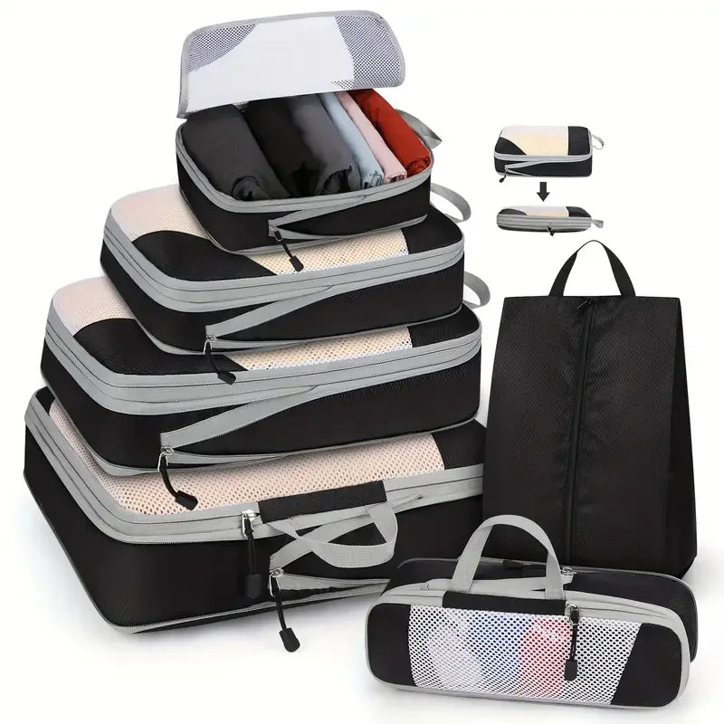 6-Piece Compressed Packing Cubes – Mesh Travel Luggage Organiser Set with Shoe Bag