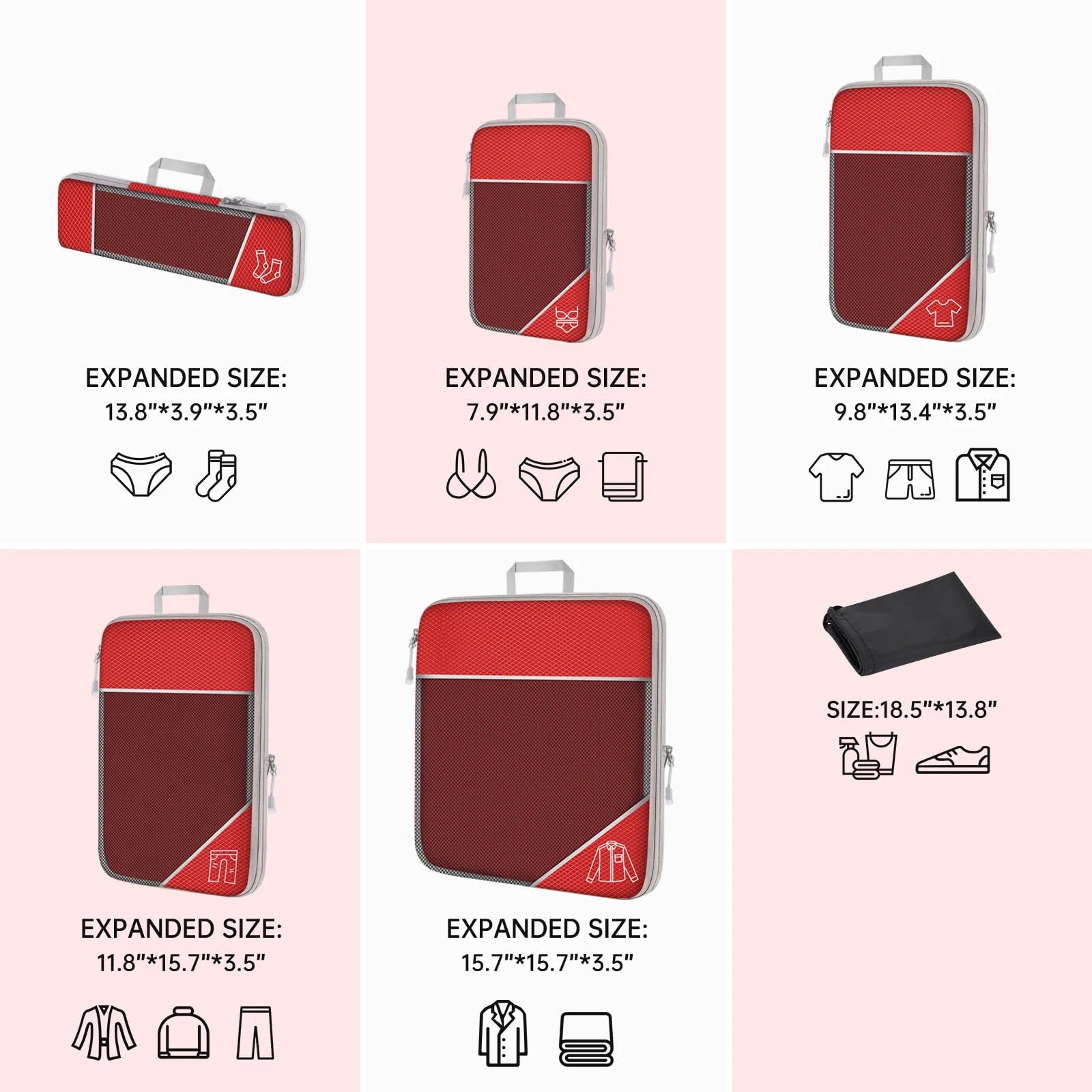 Compressed Packing Cubes Set – 3 or 6-Piece Travel Luggage Organisers