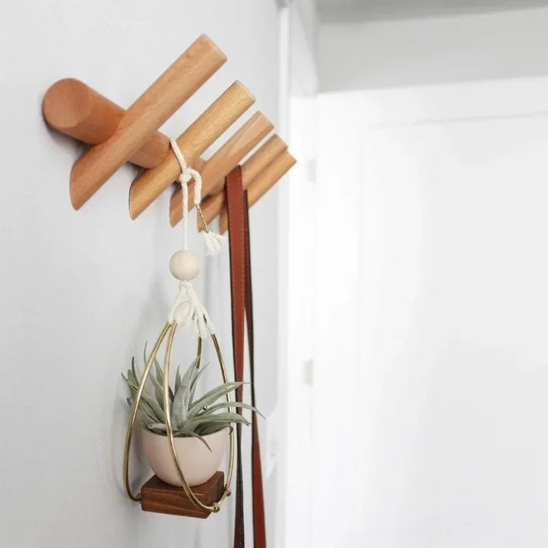 Solid Oak Wall Rack with Minimalist Design & 5 Coat Hooks for Effortless Organization 0