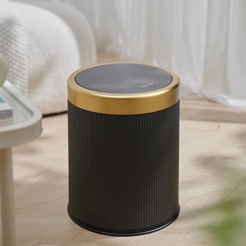 1 Fashionable Circular Top Garbage Bin with Gold Edge - Durable, Stylish Storage Essential Household Garbage Basket | b325daef-00a7-4a51-b8e8-cbec2a57a9d3,fbb911ce-d442-42b4-b751-165f83d3fd67,2149a3f8-86be-40c2-8ea0-9257bbca3de7