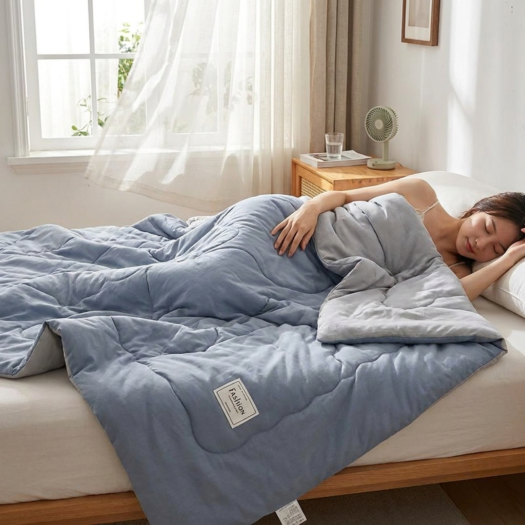 Cooling summer quilt on a bed