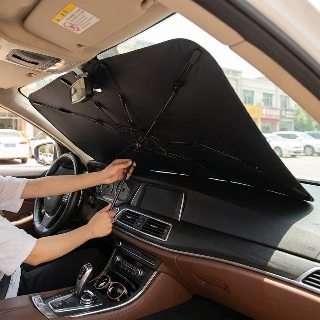 Umbrella car windscreen sun shade in use