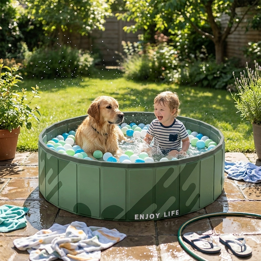 Foldable ball pit play pool with child