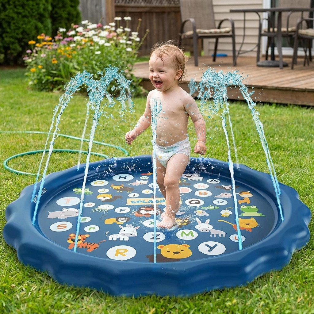 Kids sprinkler splash pad in a garden