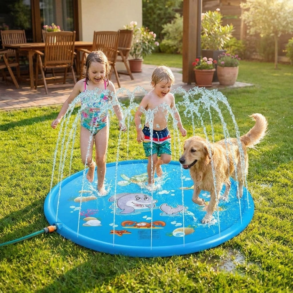 Round splash pad in use