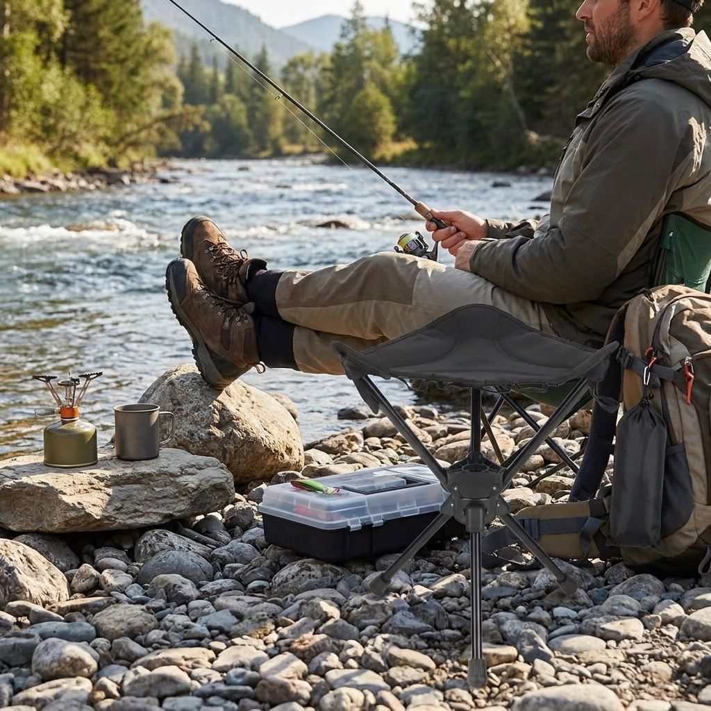 Folding camping stool outdoors