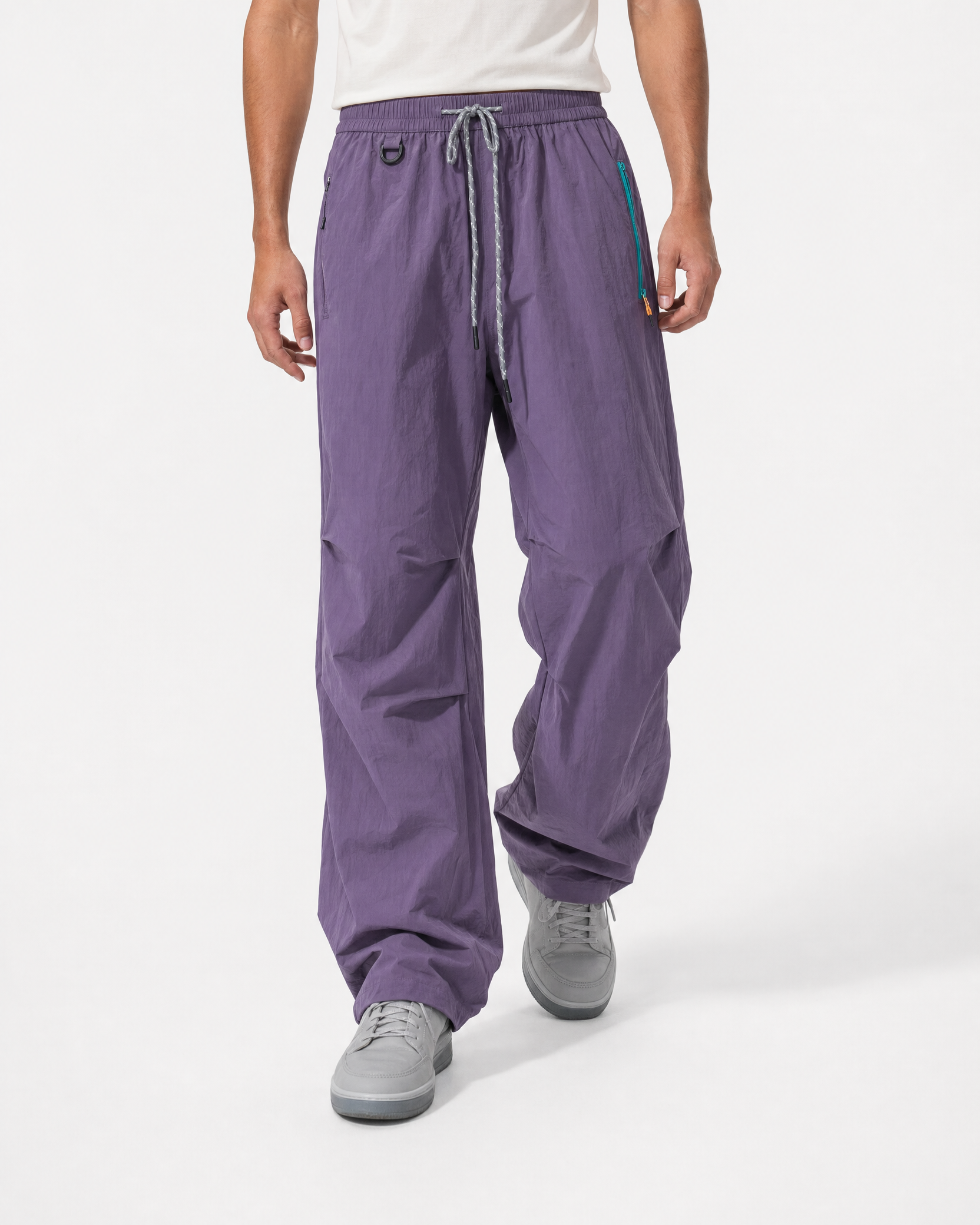 Women's water-repellent hiking trousers in purple, walking mid stride # Colour_Purple