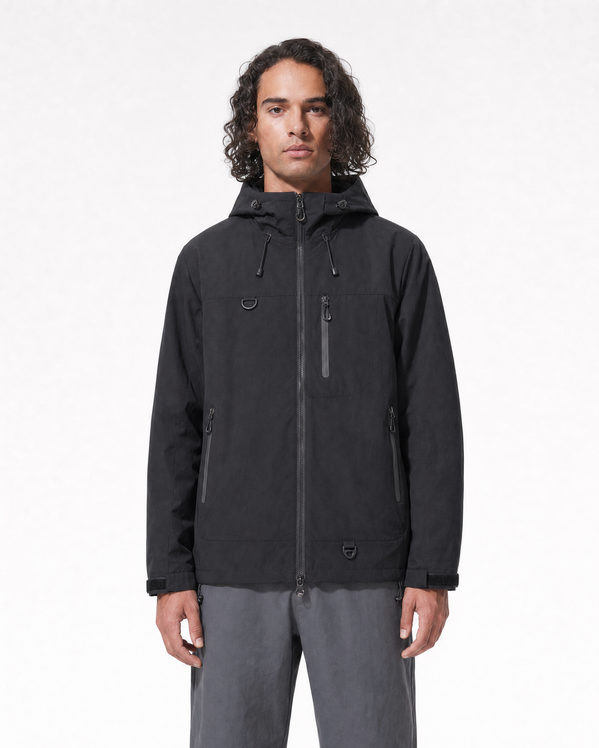 Pact Unisex Water-Repellent Hooded Windbreaker in Black, upper body front # Colour_Black