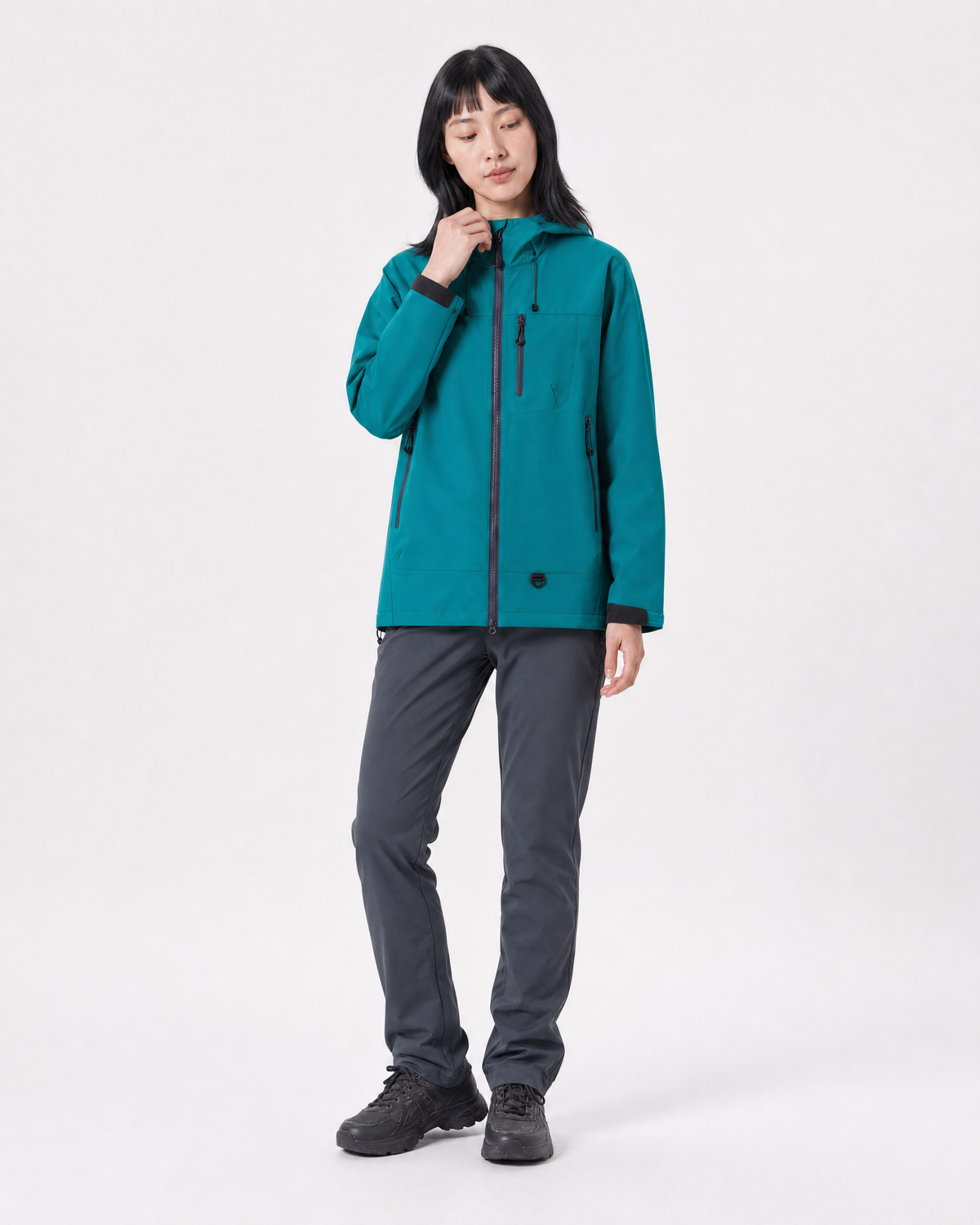 Pact Unisex Water-Repellent Hooded Windbreaker in Dark Green, collar detail # Colour_Dark Green