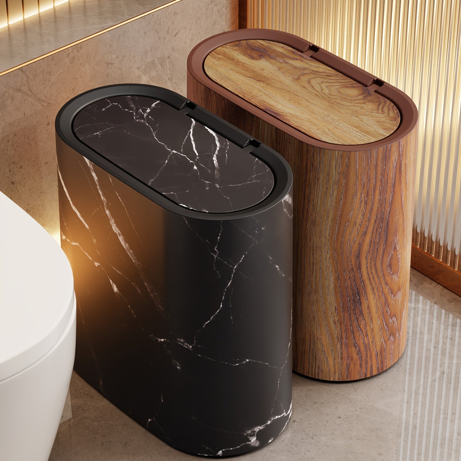 Elegant Marble Pattern Trash Can | Compact Oval Bin with Lid for Modern Spaces 1 | tu1780333007283745006,iT1780333007283838849,au1780333007283935070