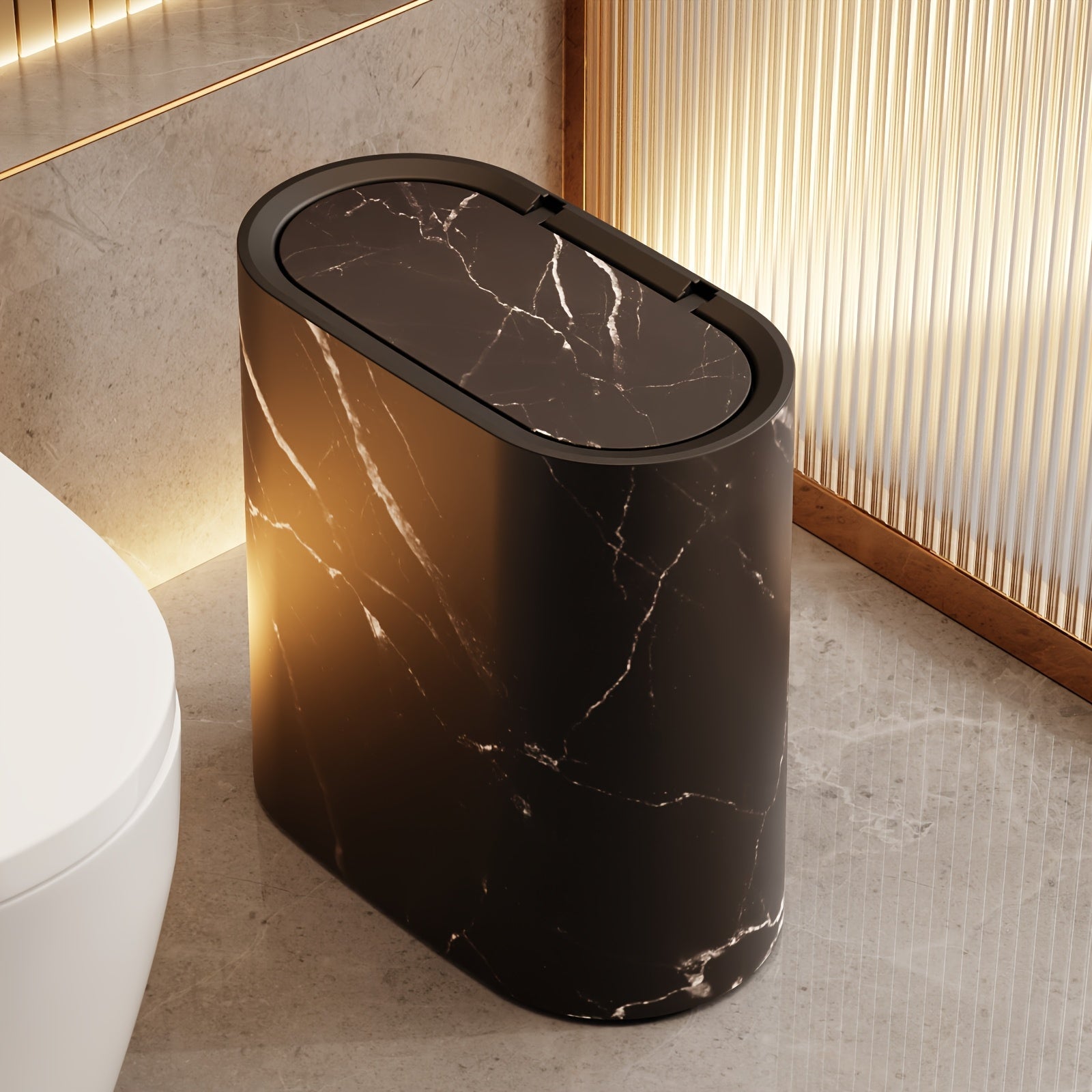 Elegant Marble Pattern Trash Can | Compact Oval Bin with Lid for Modern Spaces 10 | tu1780333007283745006,iT1780333007283838849,au1780333007283935070