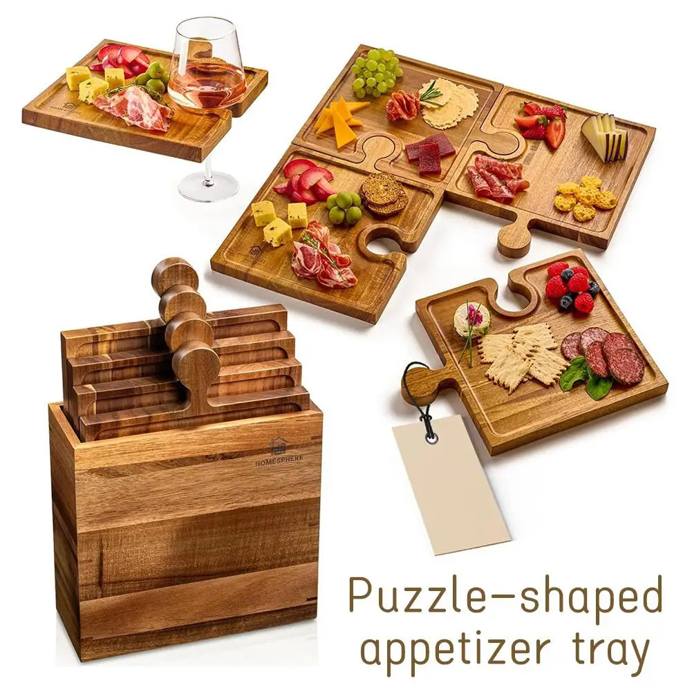 Puzzle Charcuterie Board Set – 4-Piece Wooden Serving Trays with Wine Slot & Stand