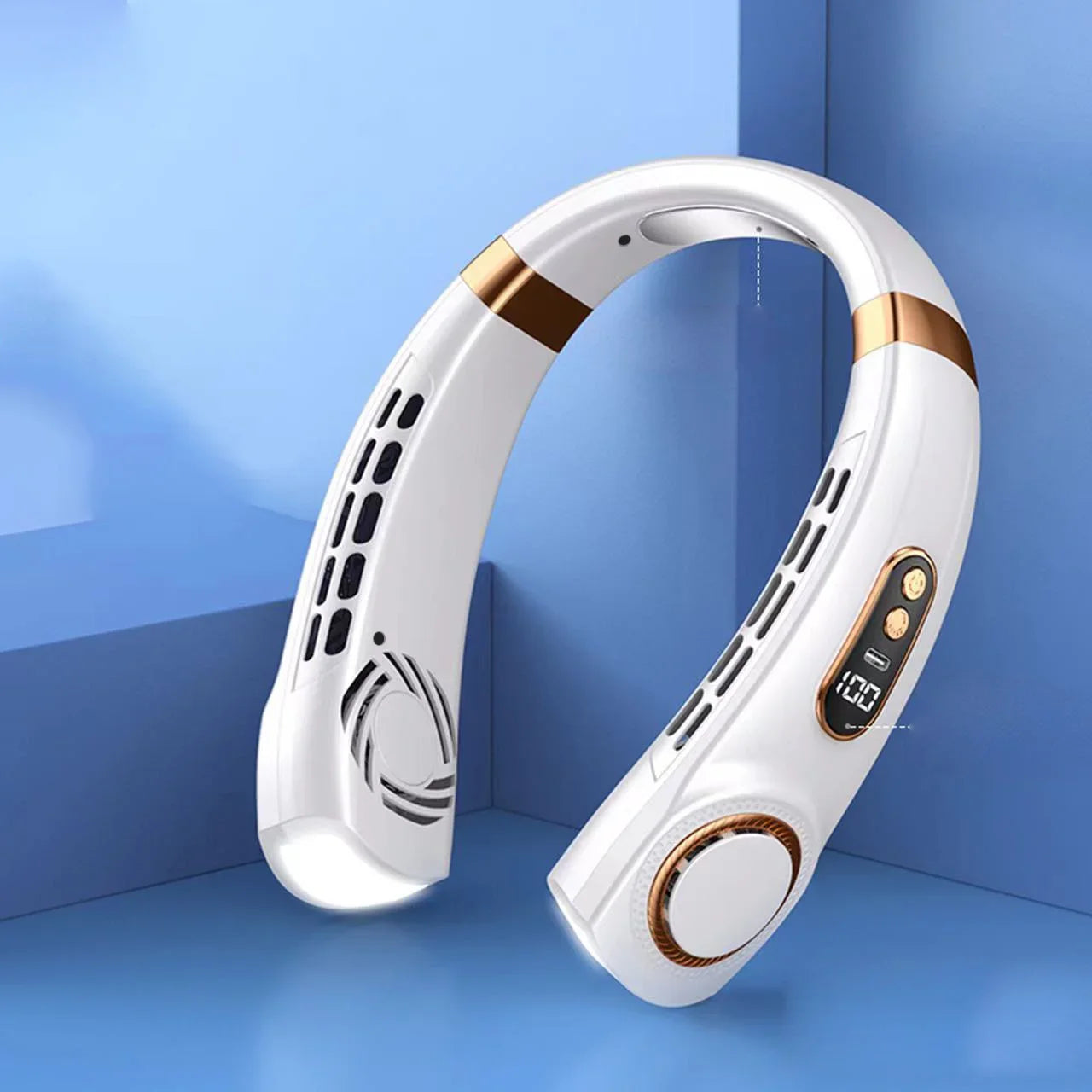 Bladeless Neck Fan – Hands-Free Cooling with LED & Cold Plates, Rechargeable