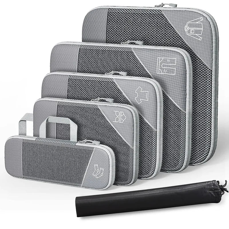 6-Piece Compressed Packing Cubes – Mesh Travel Luggage Organiser Set with Shoe Bag