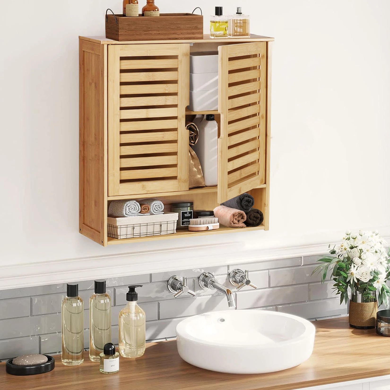 Wall-Mounted Bamboo Wall Cabinet – Bathroom & Kitchen Storage Cupboard (White or Wood)